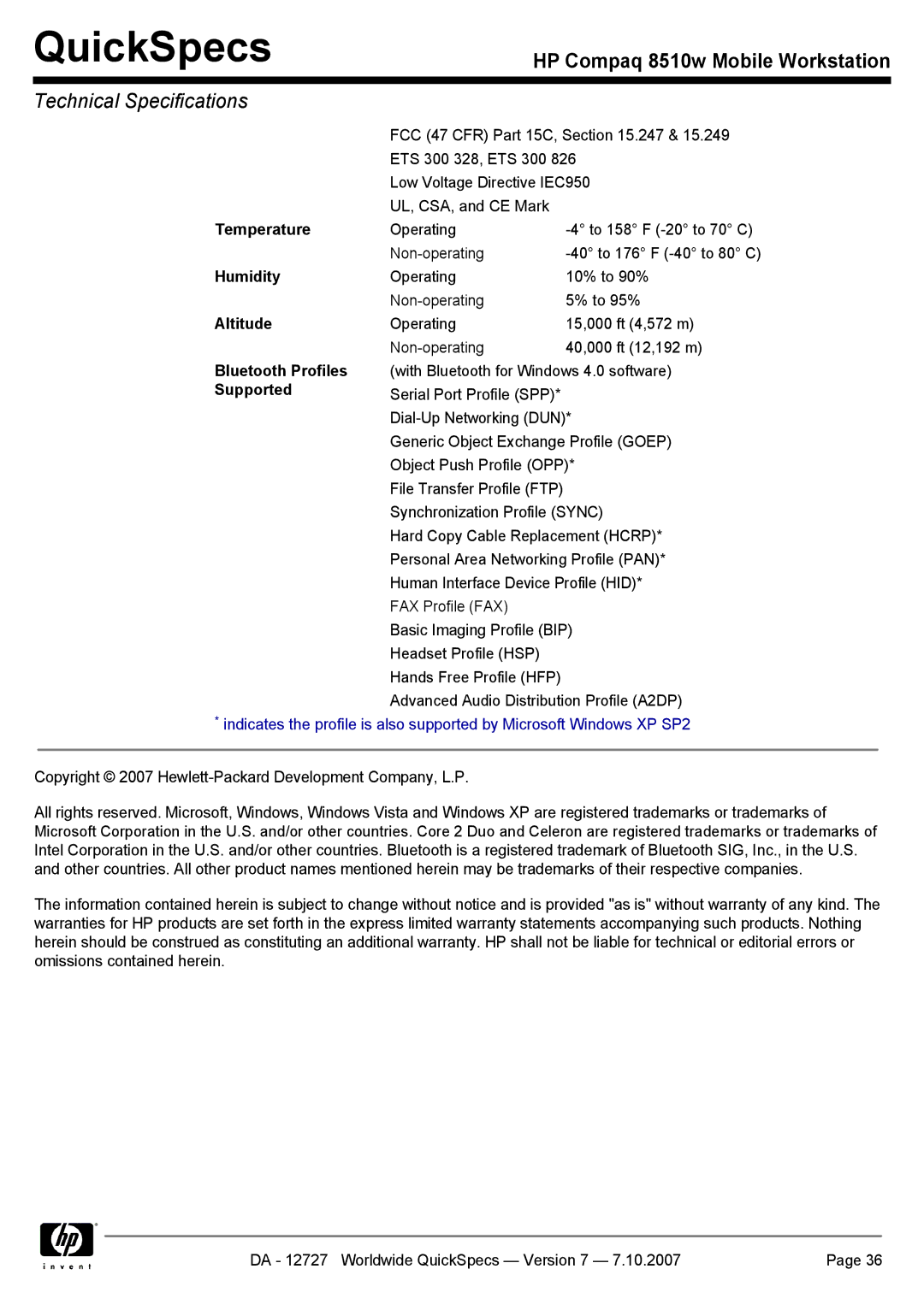 HP 8510w manual Bluetooth Profiles 