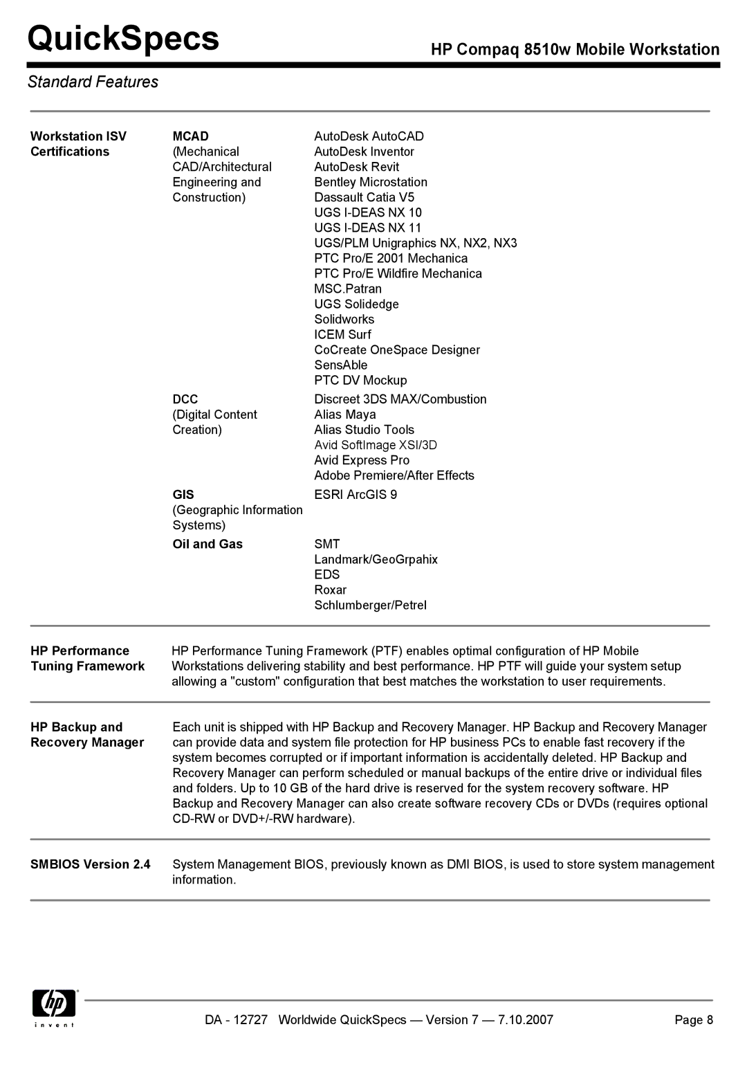 HP 8510w manual Workstation ISV, Certifications, Oil and Gas, HP Performance, Tuning Framework, HP Backup, Recovery Manager 