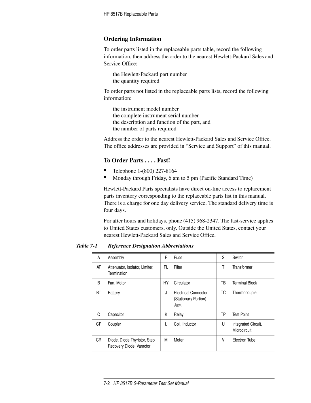 HP 8517B Ordering Information, To Order Parts . . . . Fast, Reference Designation Abbreviations, Assembly Fuse Switch 