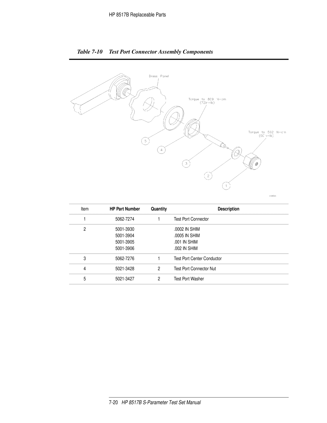 HP 8517B manual Test Port Connector Assembly Components 