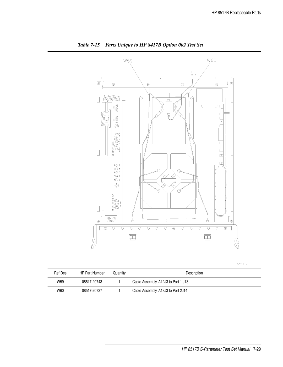 HP 8517B manual Parts Unique to HP 8417B Option 002 Test Set, Cable Assembly, A12J3 to Port 1 J13 