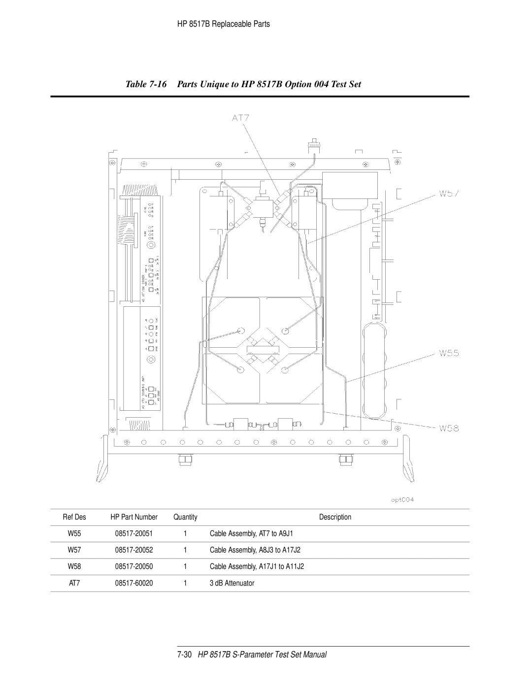 HP manual Parts Unique to HP 8517B Option 004 Test Set, Cable Assembly, AT7 to A9J1, Cable Assembly, A8J3 to A17J2 