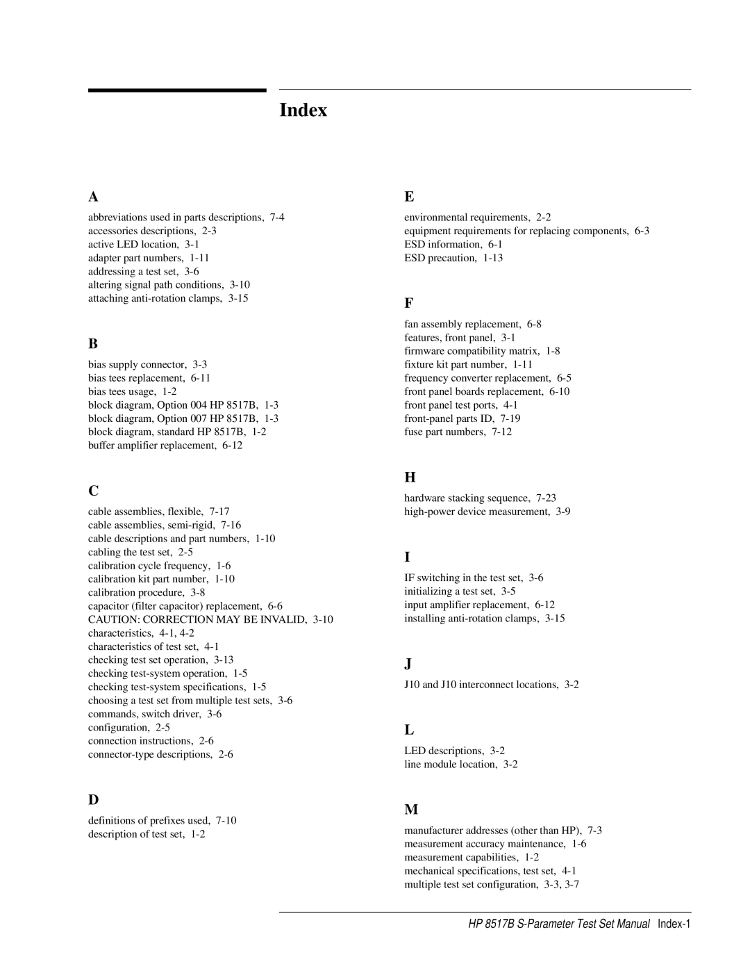 HP manual HP 8517B S-Parameter Test Set Manual Index-1 