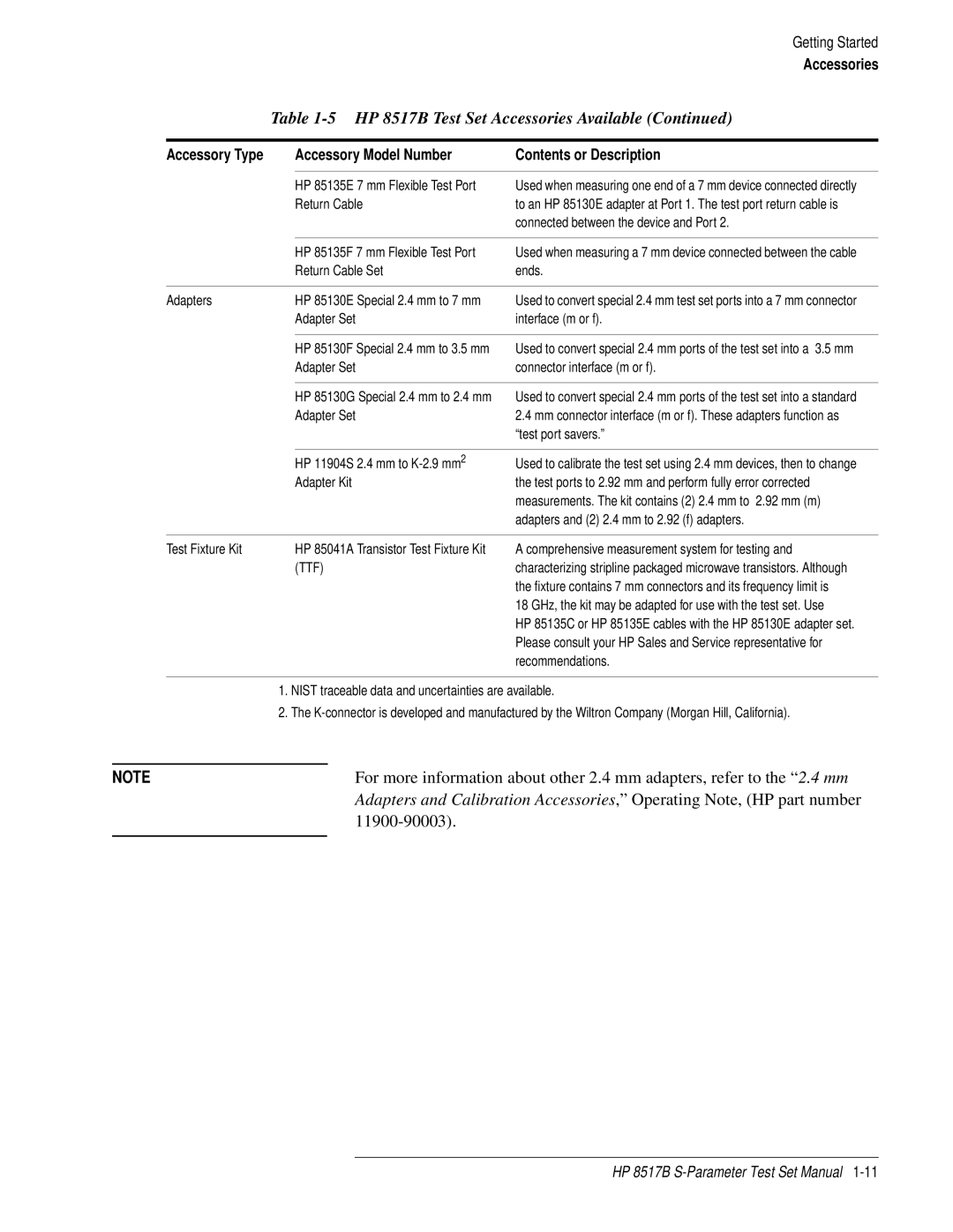 HP 8517B manual Accessory Model Number Contents or Description 