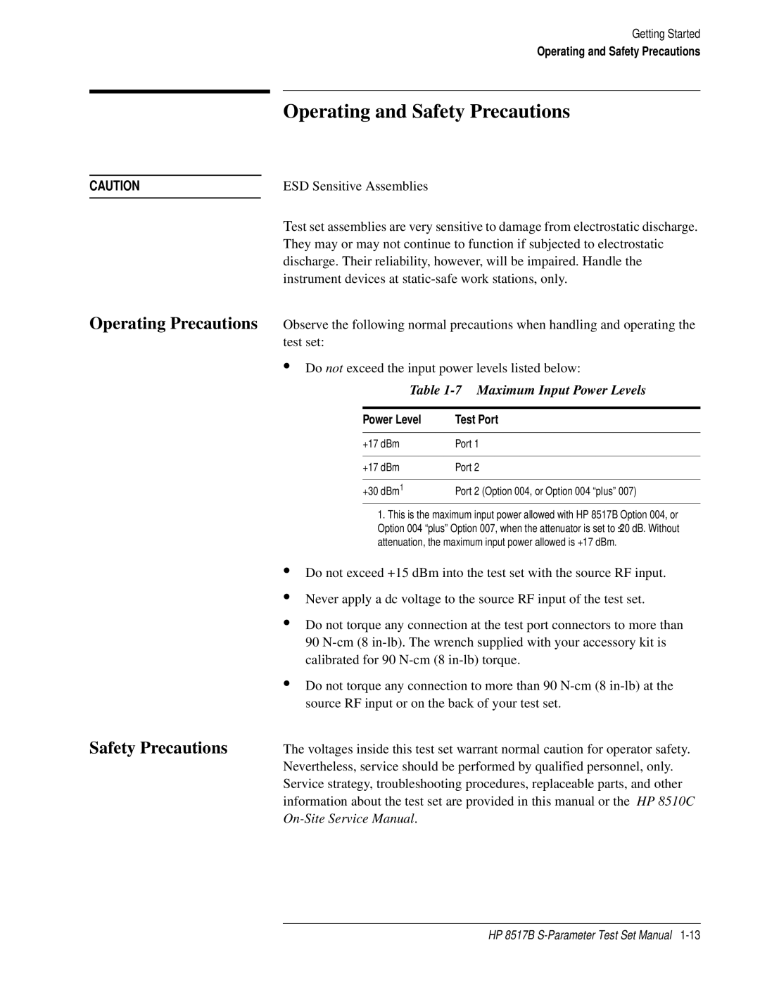 HP 8517B manual Operating and Safety Precautions, Maximum Input Power Levels, Power Level Test Port 