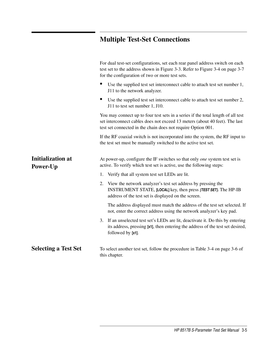 HP 8517B manual Multiple Test-Set Connections, Initialization at Power-Up Selecting a Test Set 