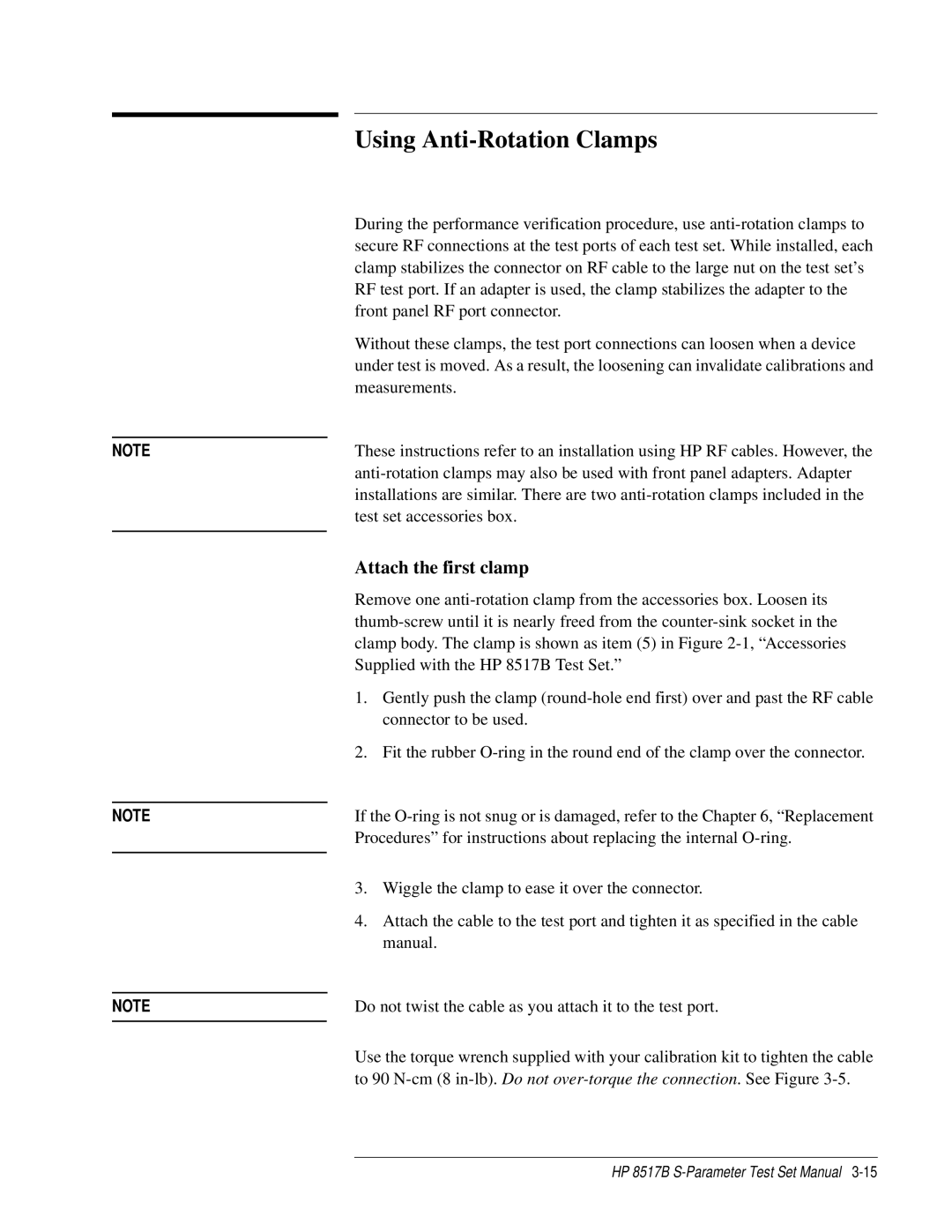 HP 8517B manual Using Anti-Rotation Clamps, Attach the first clamp 