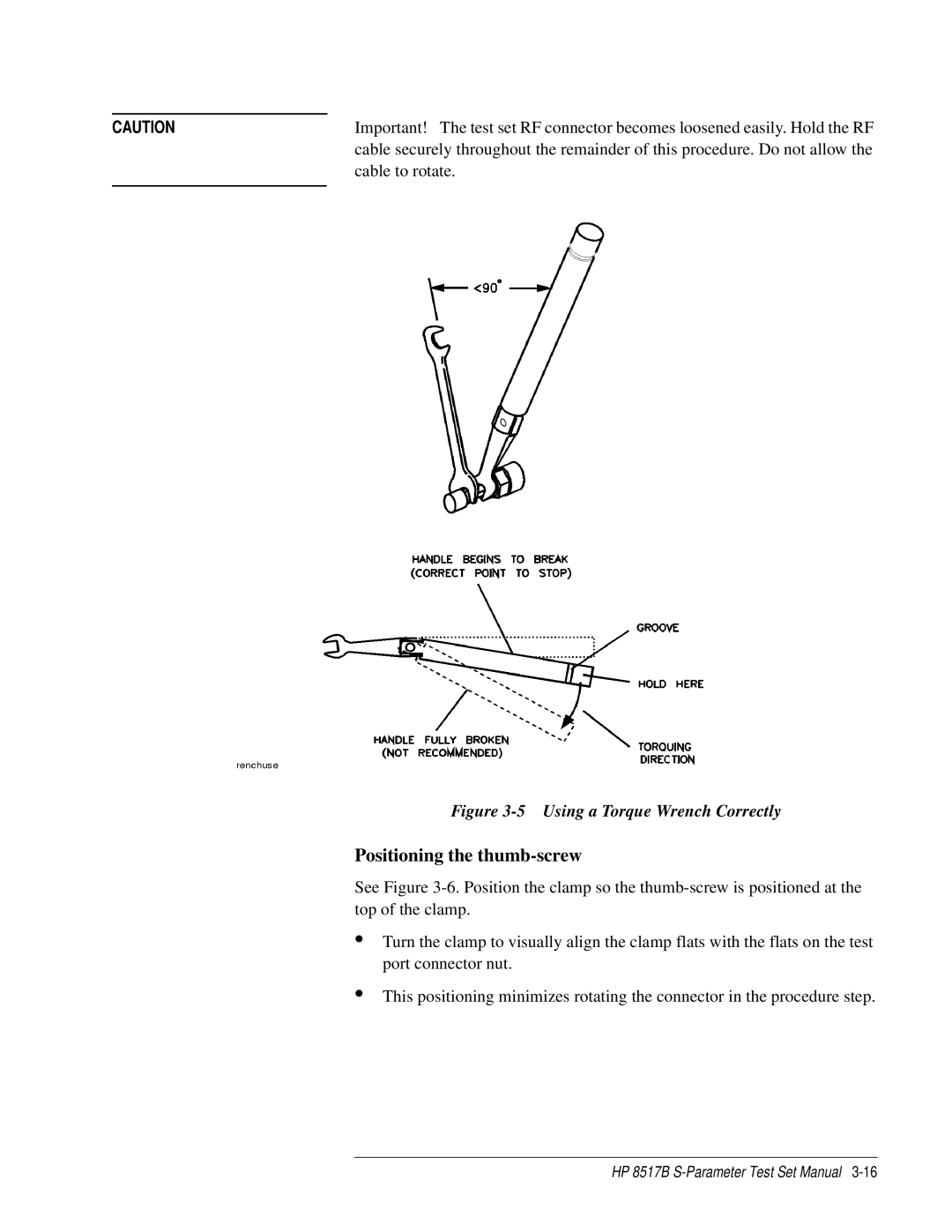 HP 8517B manual Positioning the thumb-screw, Using a Torque Wrench Correctly 