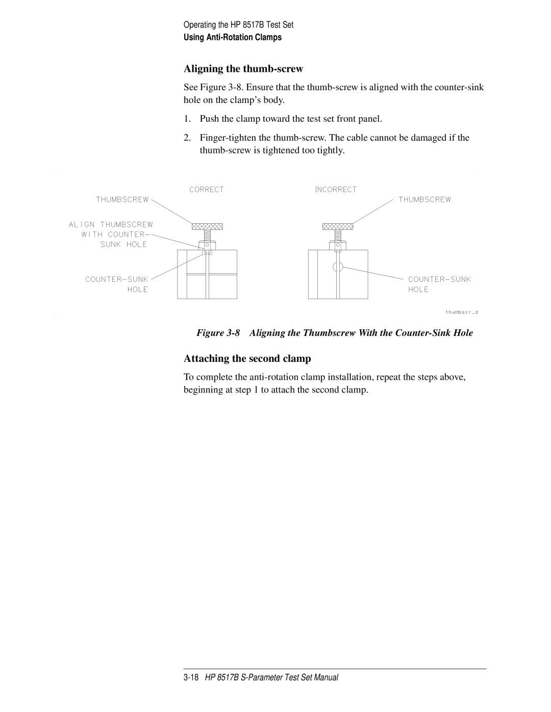 HP 8517B manual Aligning the thumb-screw, Attaching the second clamp, Using Anti-Rotation Clamps 