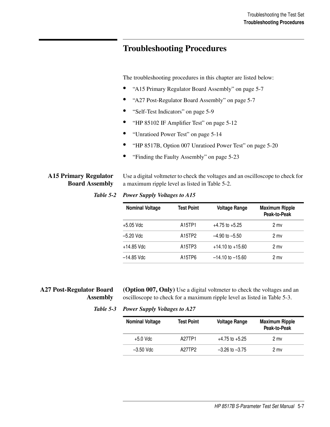 HP 8517B manual Troubleshooting Procedures, A27 Post-Regulator Board, Assembly, Power Supply Voltages to A15 