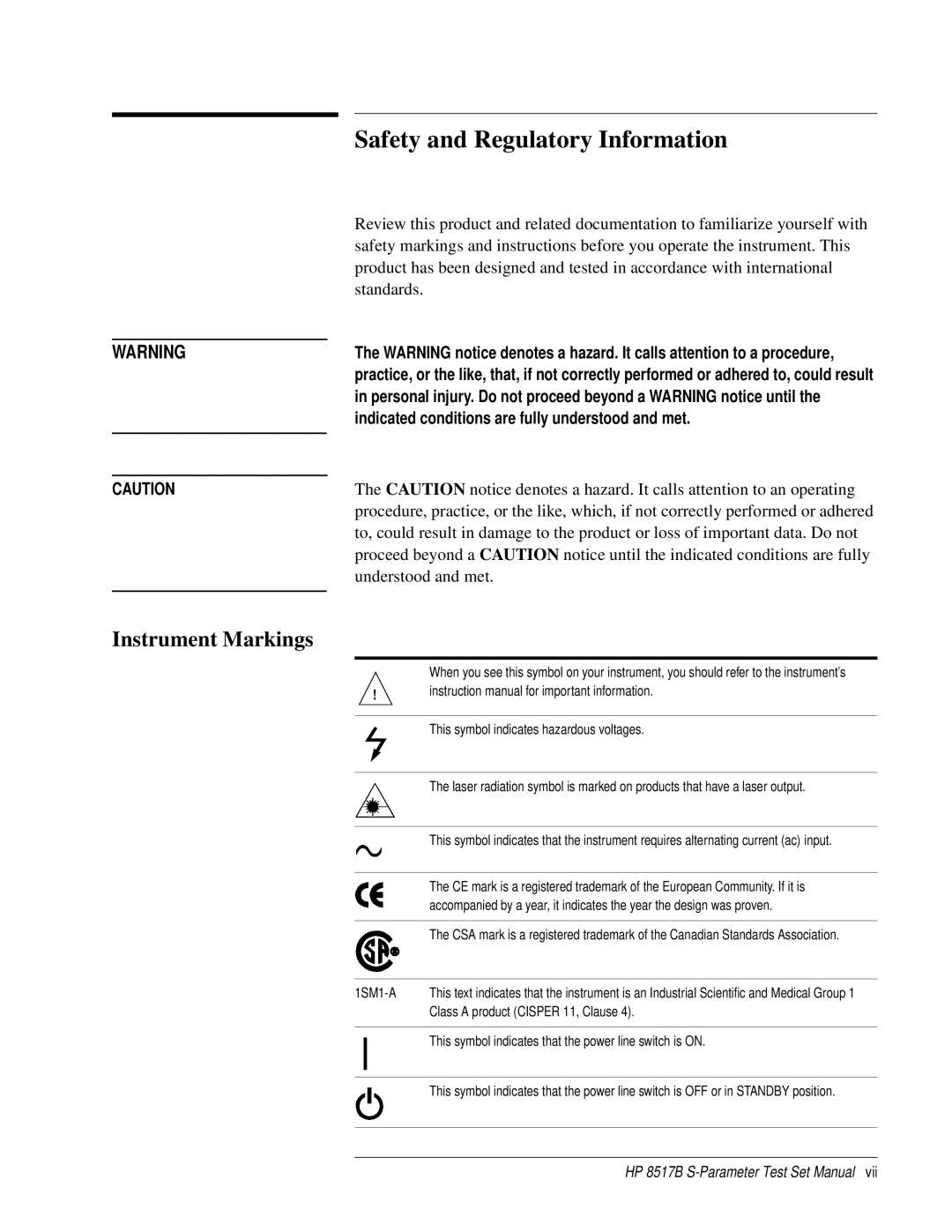 HP 8517B manual Safety and Regulatory Information, Instrument Markings 