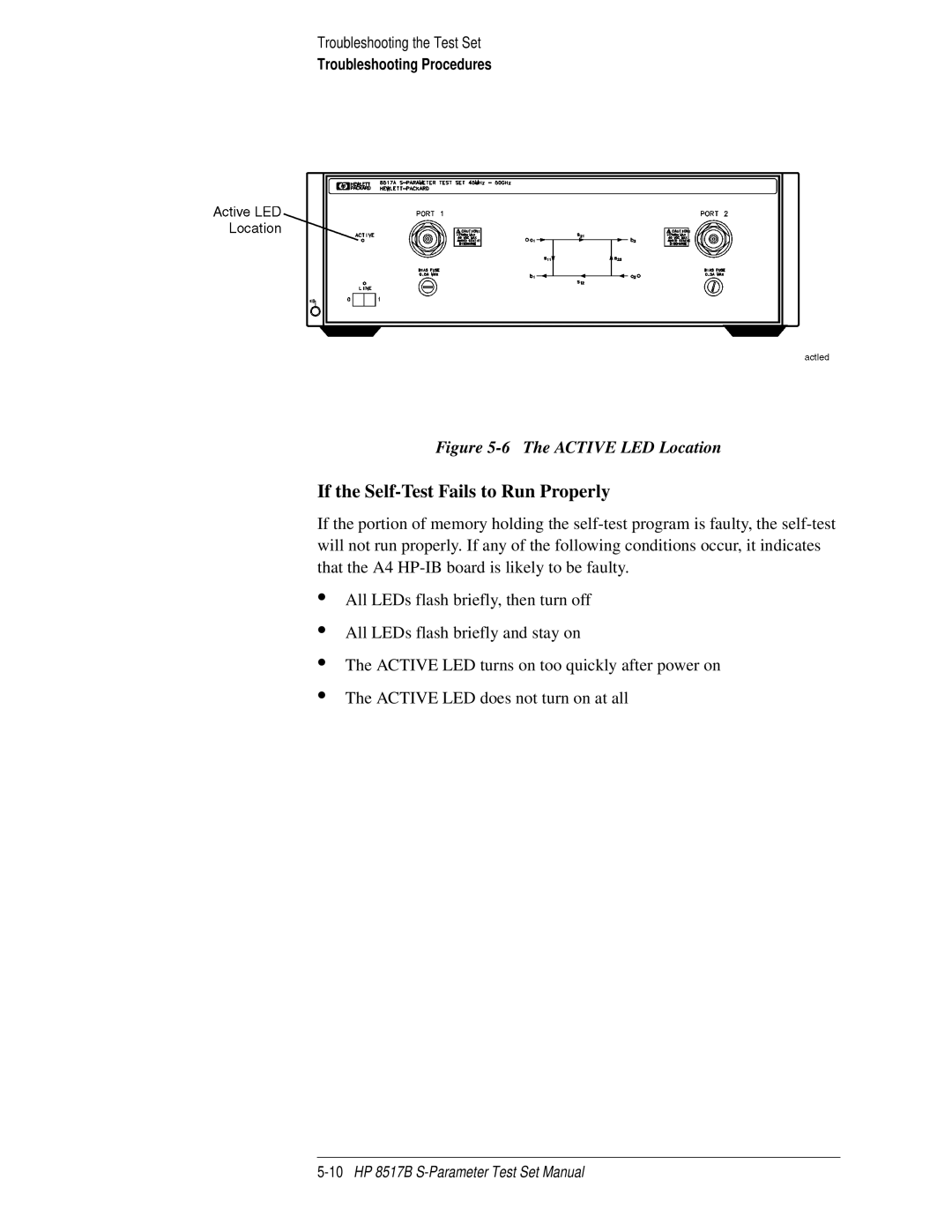 HP 8517B manual If the Self-Test Fails to Run Properly, Active LED Location 