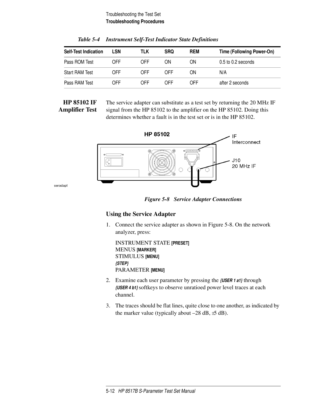 HP 8517B manual Using the Service Adapter, Service Adapter Connections 