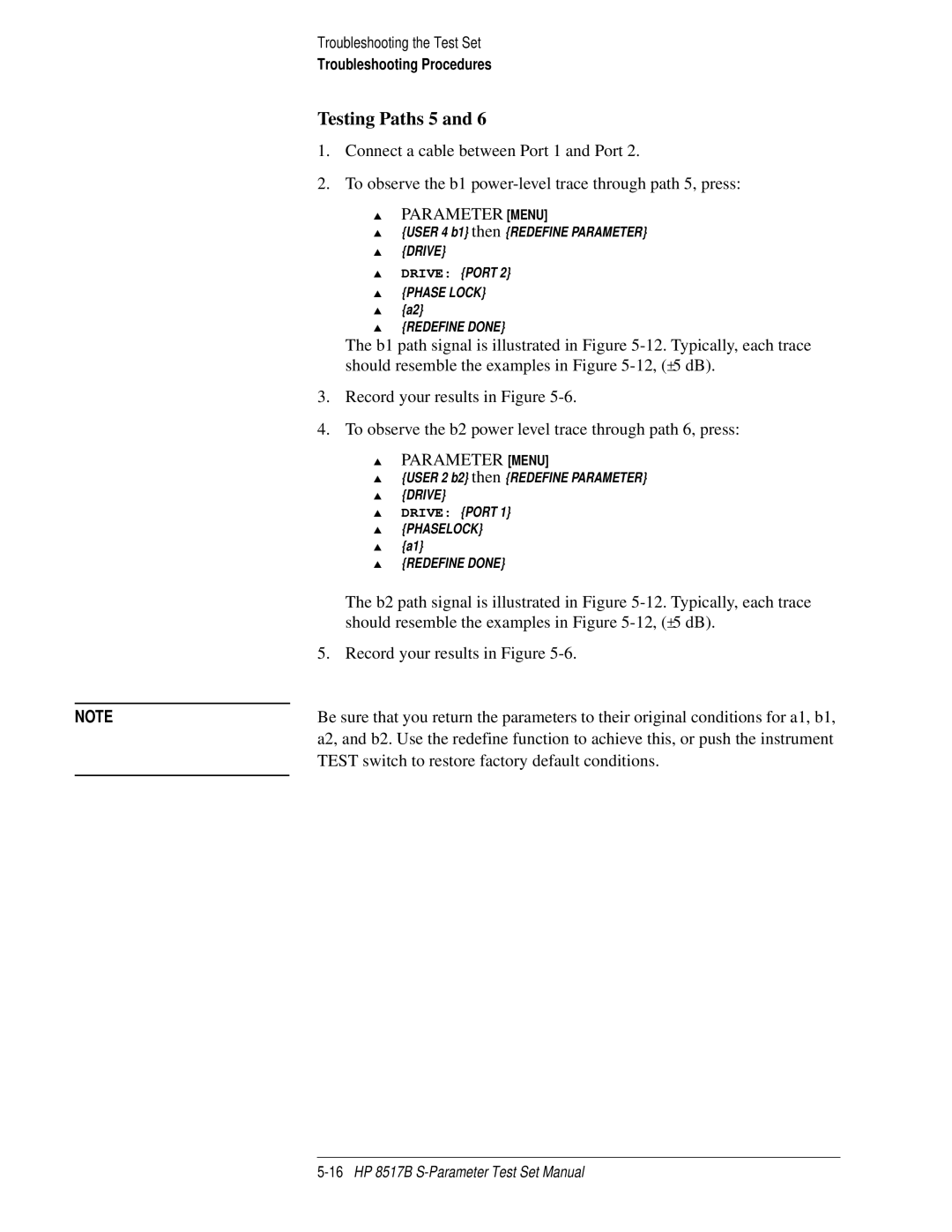 HP 8517B manual Testing Paths 5, Test switch to restore factory default conditions 