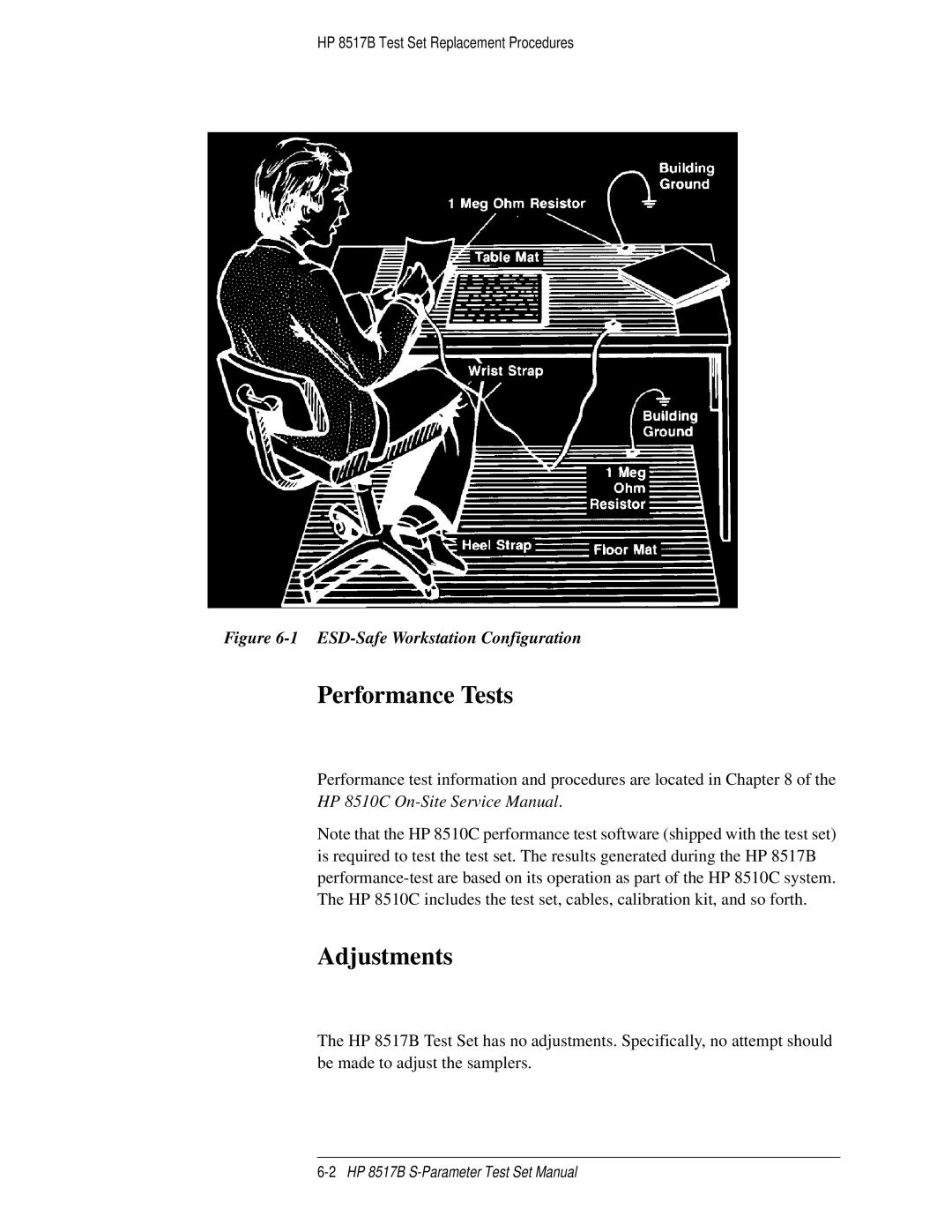 HP 8517B manual Performance Tests Adjustments, ESD-Safe Workstation Configuration 