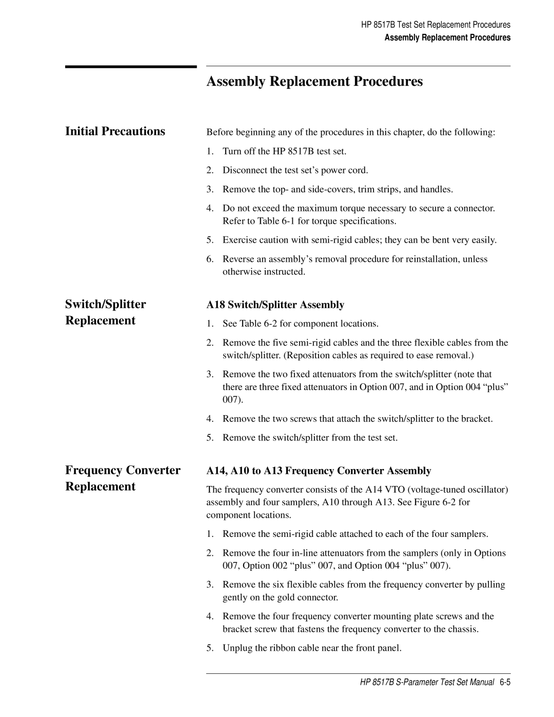 HP 8517B Assembly Replacement Procedures, Initial Precautions Switch/Splitter Replacement, A18 Switch/Splitter Assembly 