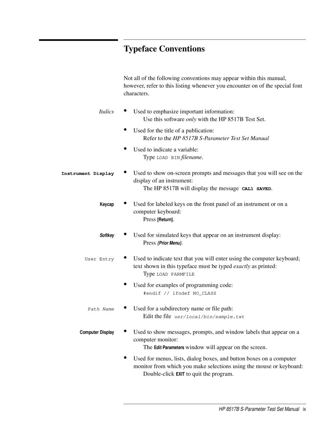 HP 8517B manual Typeface Conventions, Italics 