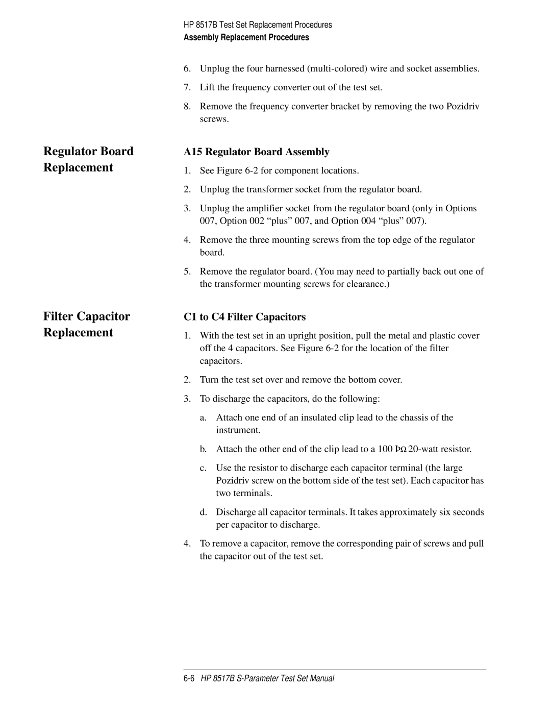 HP 8517B manual Regulator Board Replacement Filter Capacitor Replacement, A15 Regulator Board Assembly 