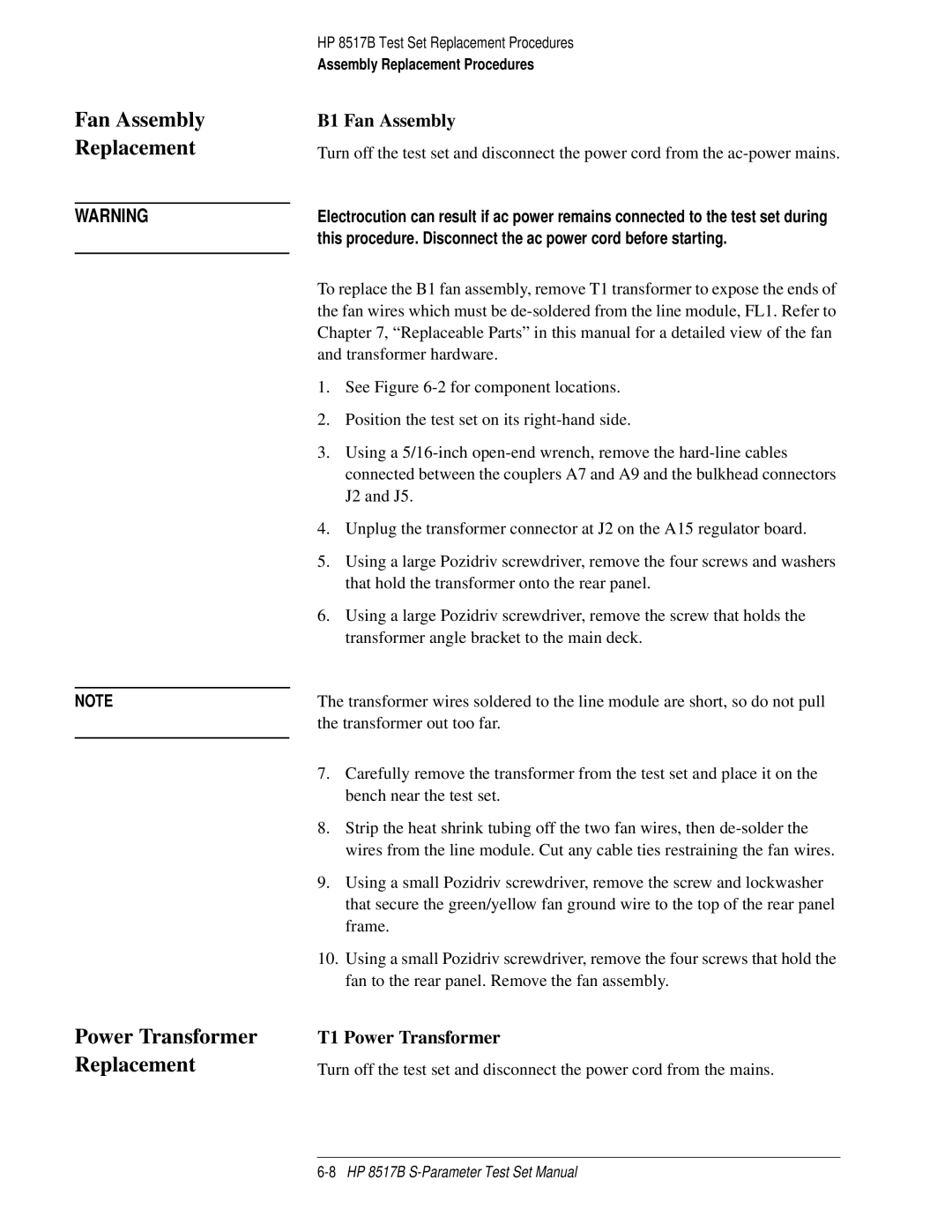 HP 8517B manual Fan Assembly Replacement, B1 Fan Assembly, T1 Power Transformer 