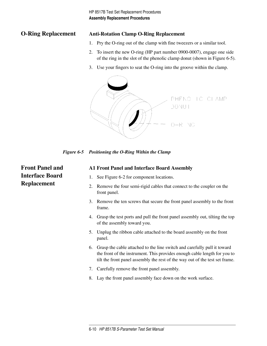 HP 8517B manual Front Panel Interface Board Replacement, Ring Replacement Anti-Rotation Clamp O-Ring Replacement 