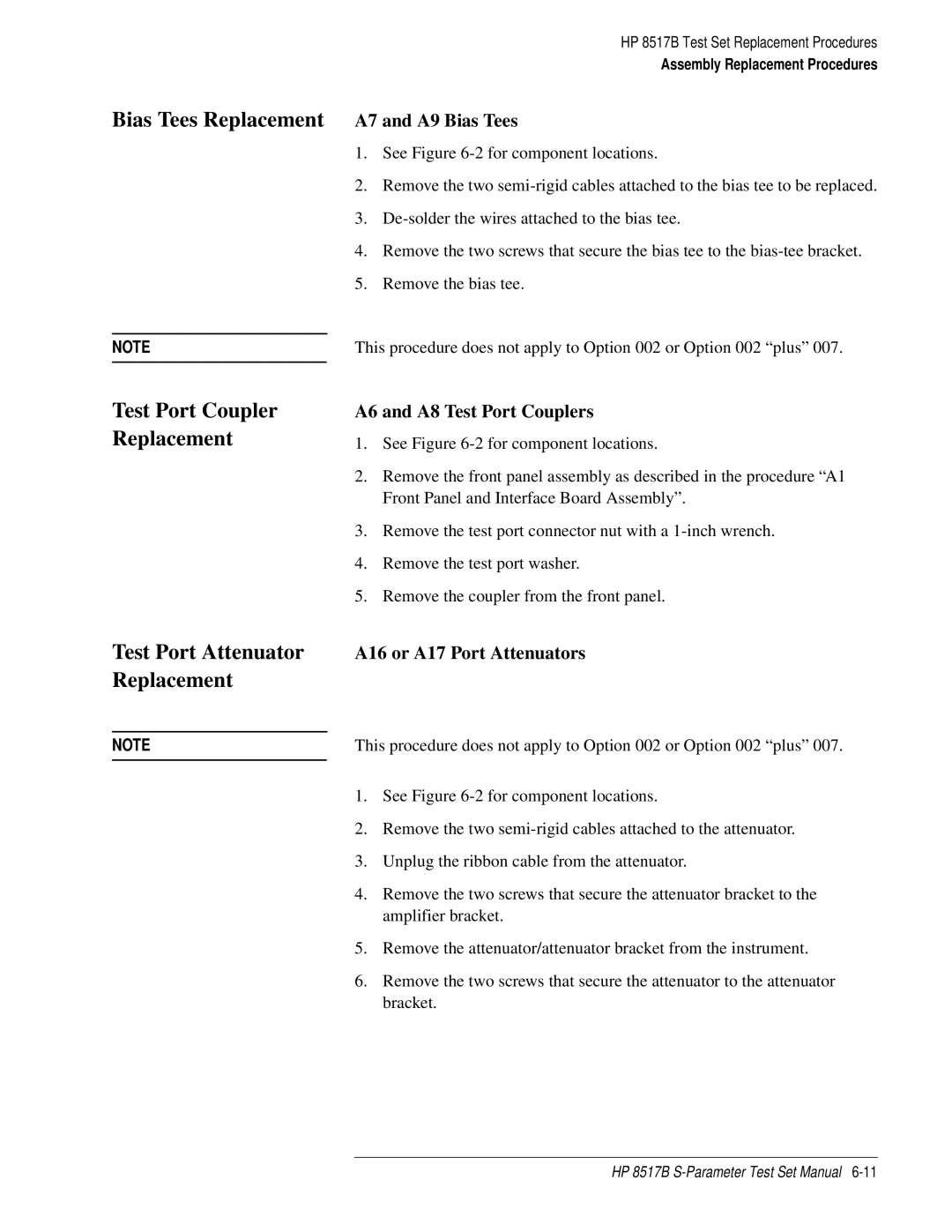 HP 8517B manual Bias Tees Replacement A7 and A9 Bias Tees, Test Port Attenuator, A6 and A8 Test Port Couplers 