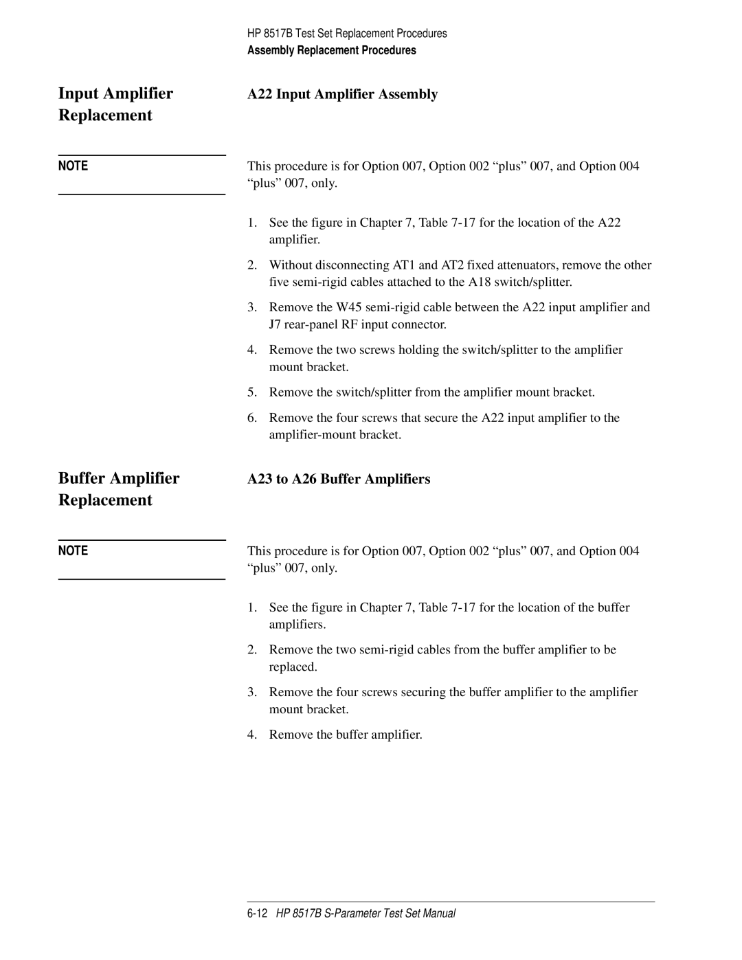 HP 8517B manual A22 Input Amplifier Assembly, A23 to A26 Buffer Amplifiers 