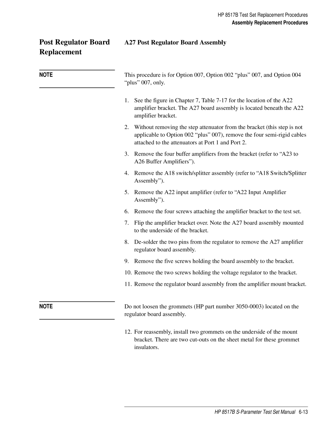 HP 8517B manual Post Regulator Board Replacement, A27 Post Regulator Board Assembly 