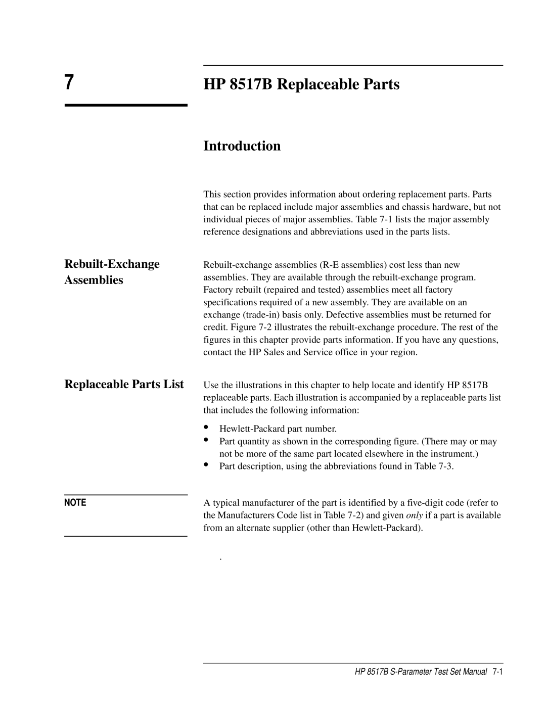 HP 8517B manual Introduction, Rebuilt-Exchange Assemblies 