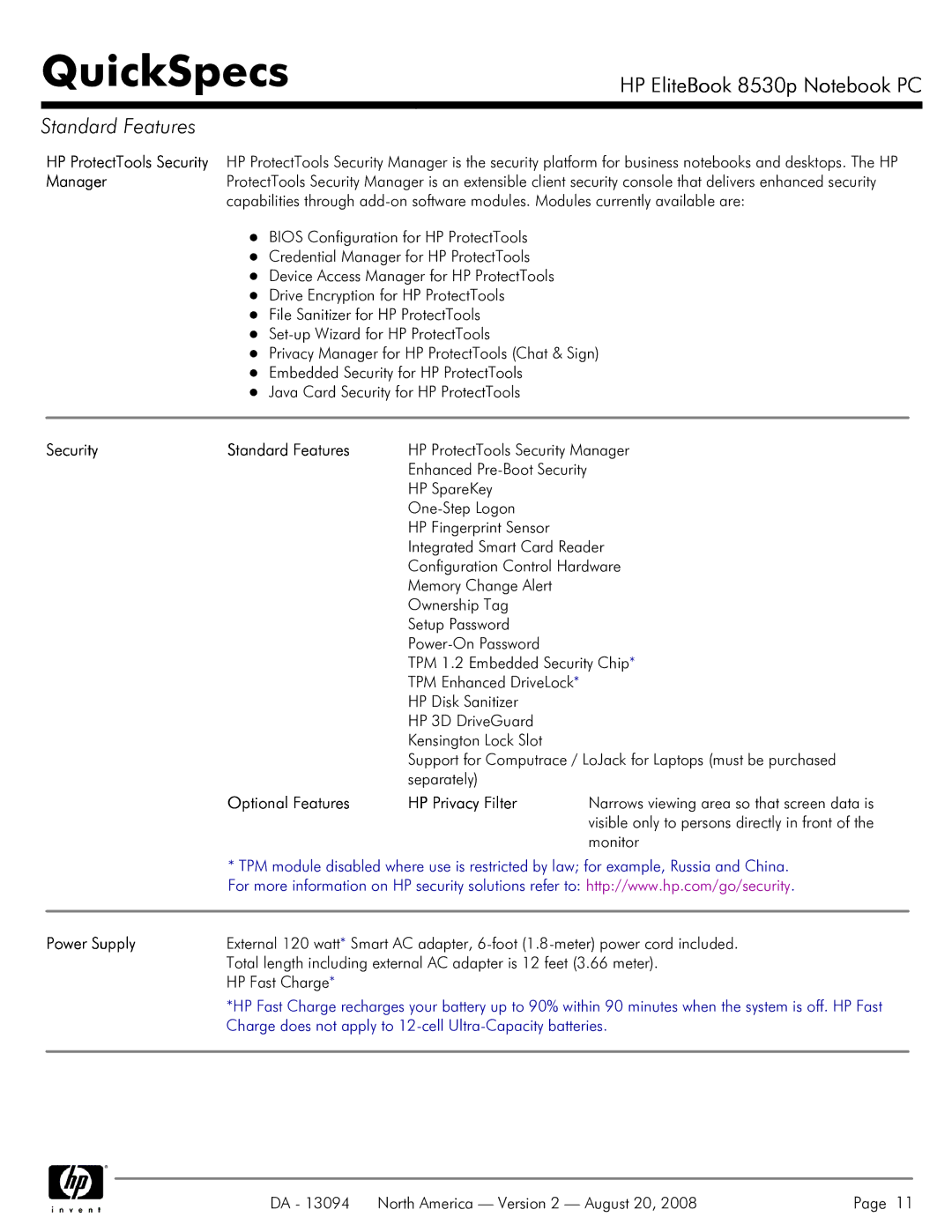 HP 8530p manual Manager, Security Standard Features, Optional Features HP Privacy Filter, Power Supply 