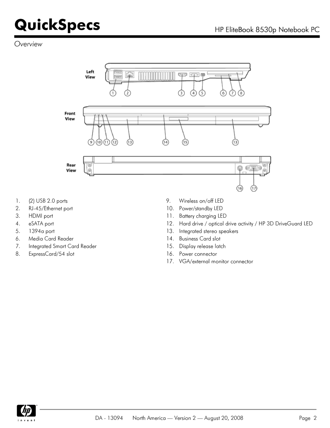 HP 8530p manual QuickSpecs 