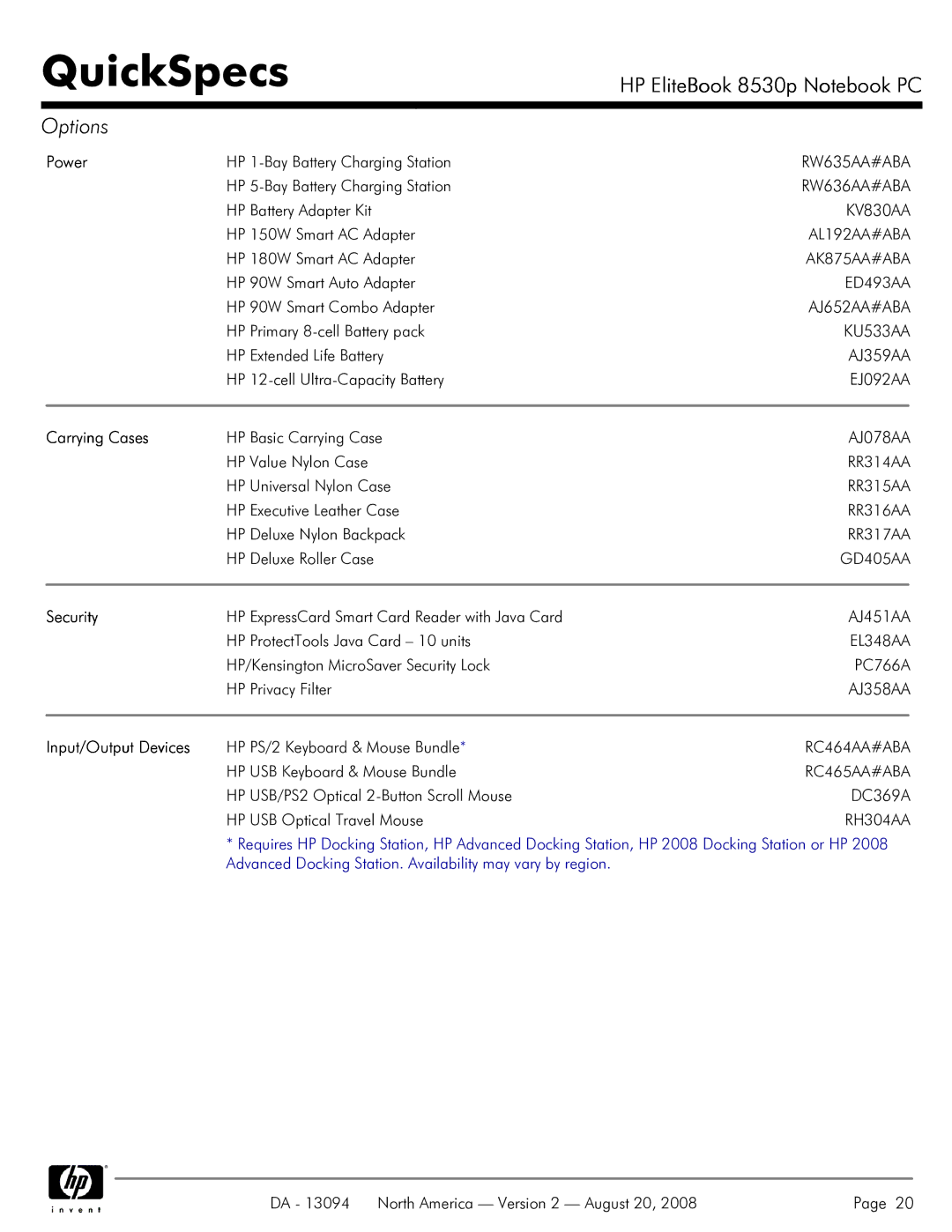 HP 8530p manual Carrying Cases, Security, Input/Output Devices 