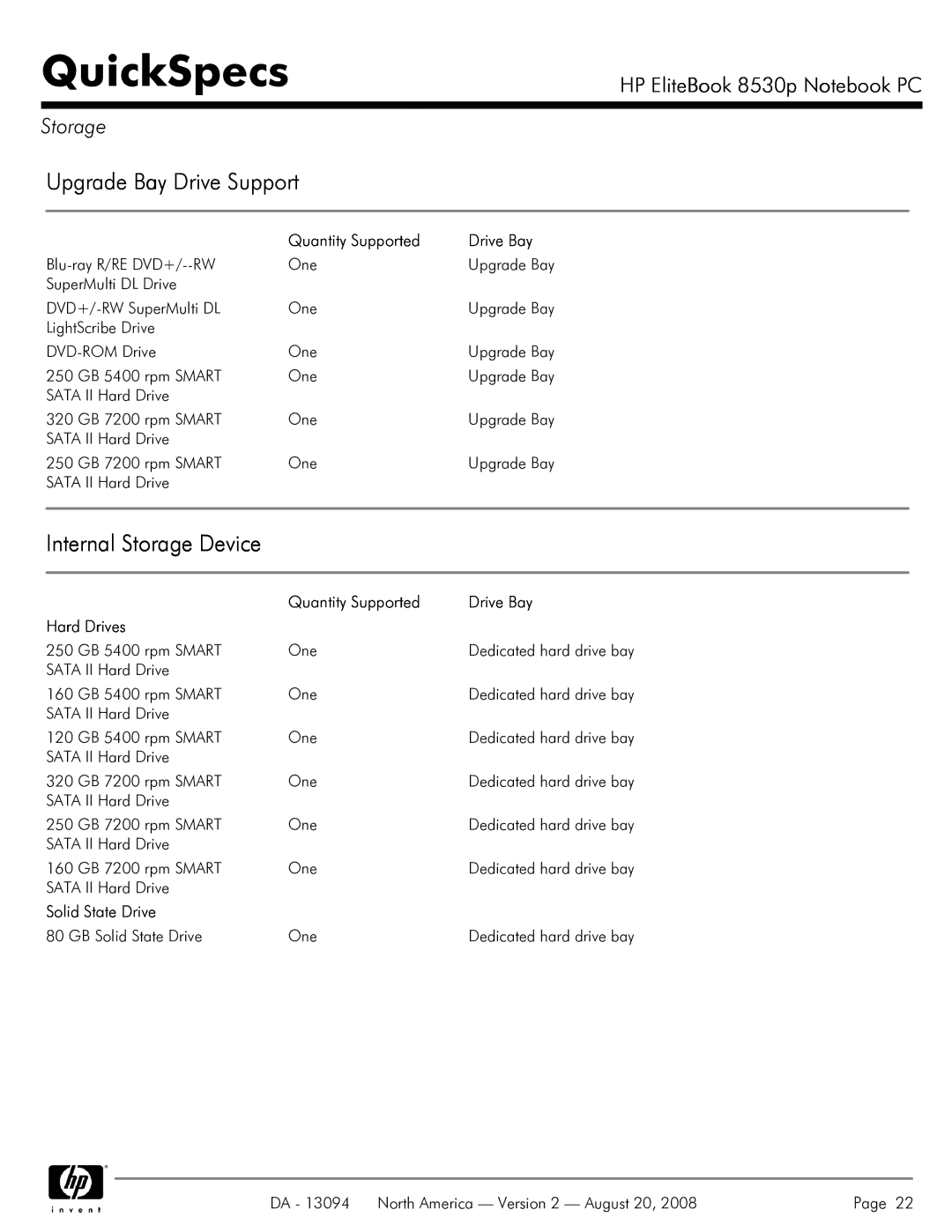 HP 8530p manual Quantity Supported Drive Bay Hard Drives, Solid State Drive 