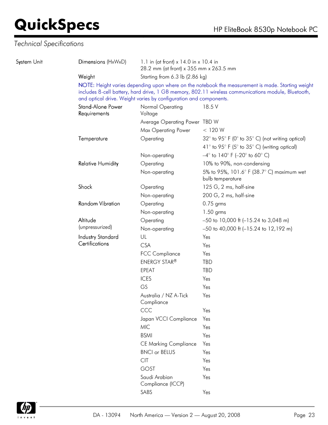 HP 8530p System Unit Dimensions HxWxD, Weight, Stand-Alone Power, Requirements, Temperature, Relative Humidity, Shock 