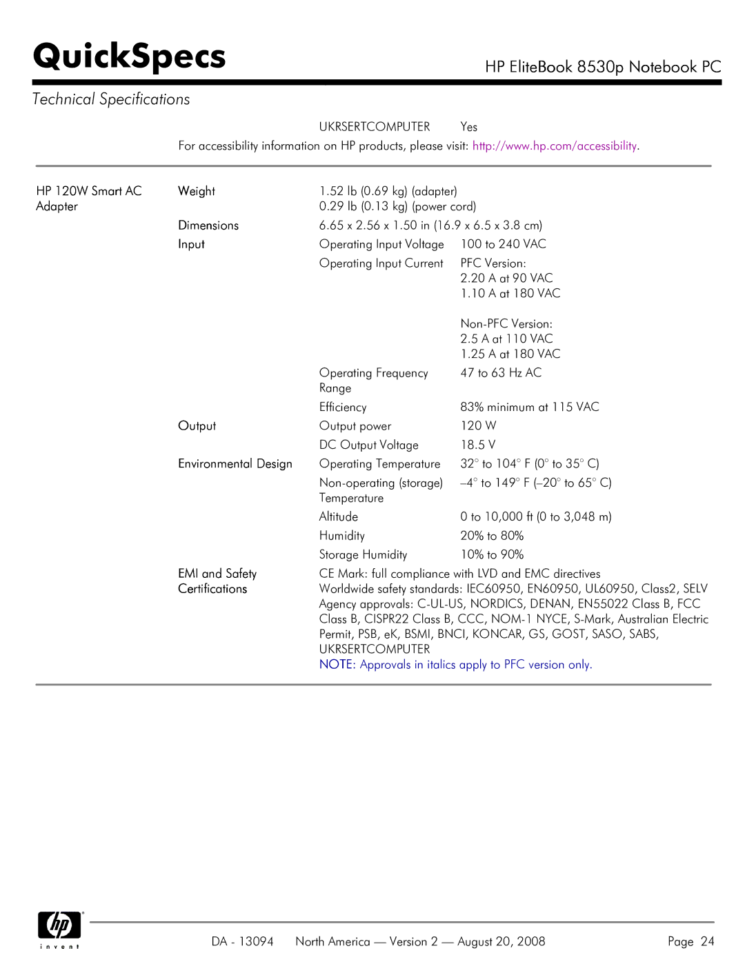 HP 8530p manual HP 120W Smart AC Weight, Adapter, Dimensions, Input, Output, Environmental Design, EMI and Safety 