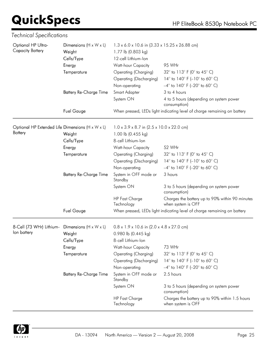 HP 8530p manual Optional HP Ultra Dimensions H x W x L, Capacity Battery Weight, Cells/Type, Energy, Fuel Gauge 