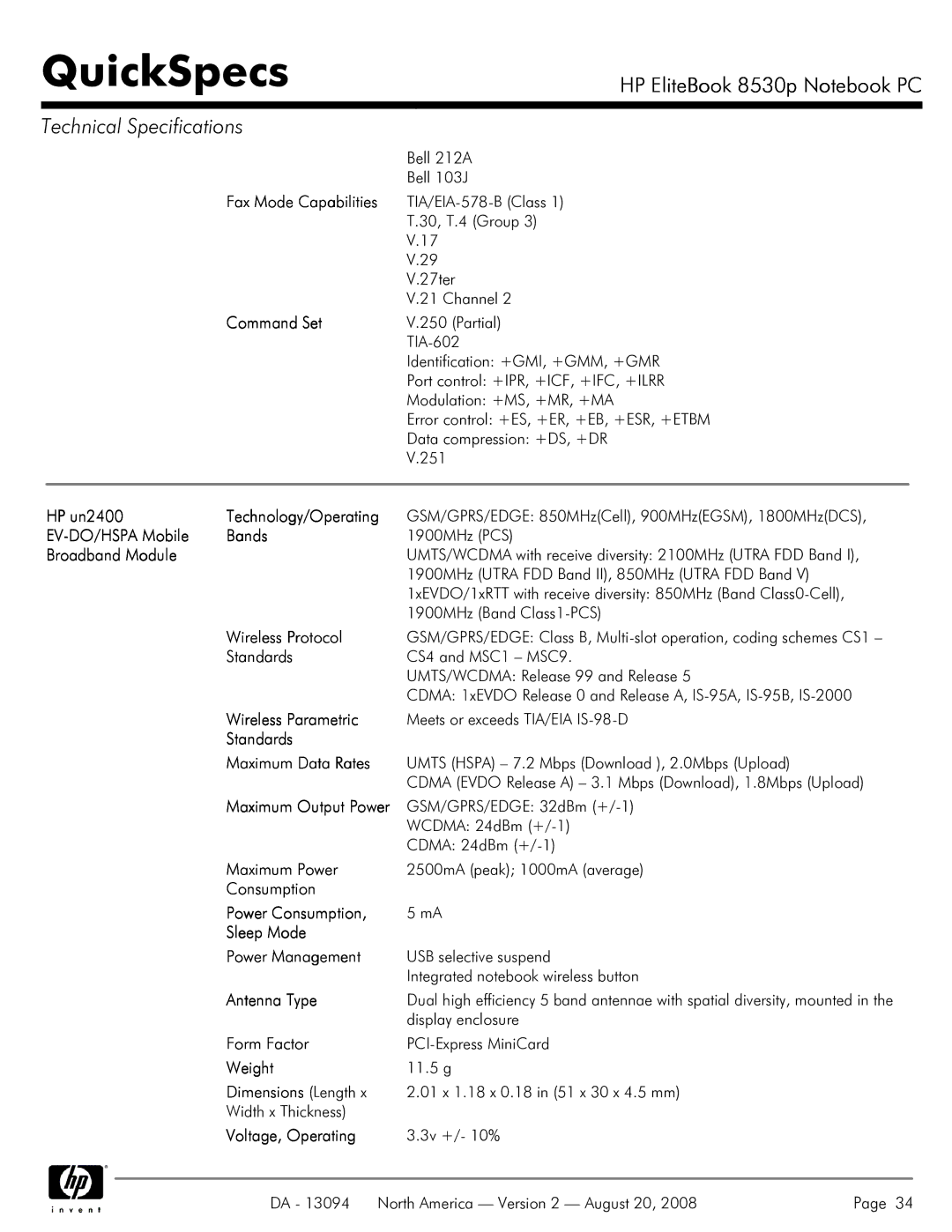 HP 8530p Fax Mode Capabilities, Command Set, HP un2400 Technology/Operating, EV-DO/HSPA Mobile Bands, Wireless Protocol 