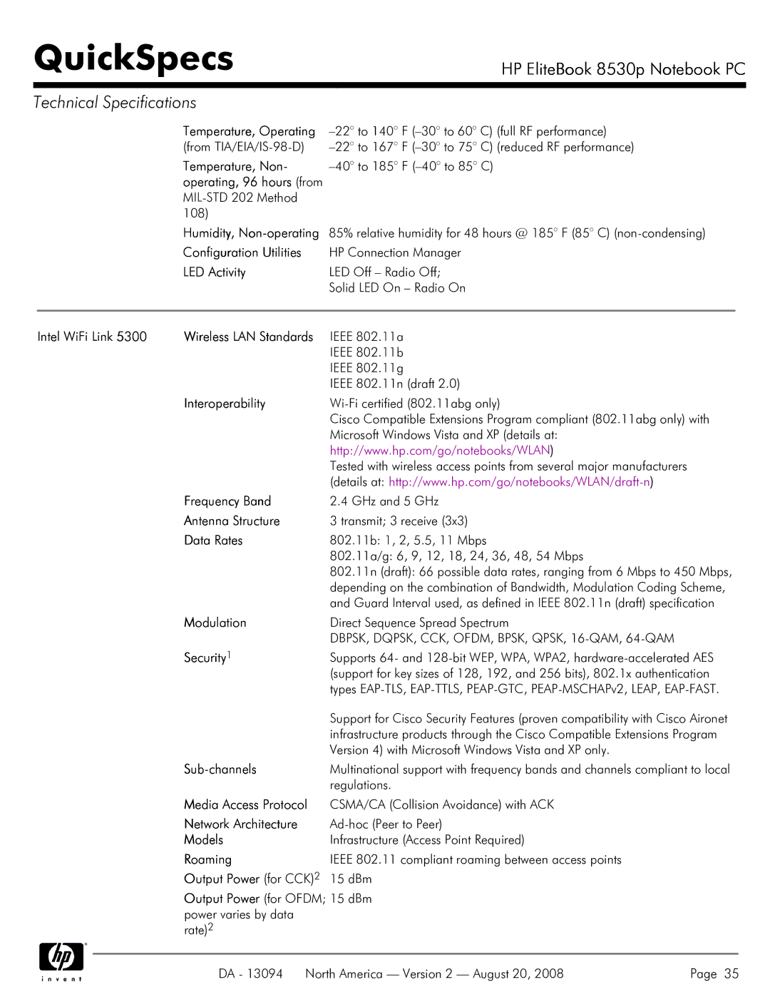 HP 8530p Temperature, Non, Configuration Utilities, LED Activity, Interoperability, Frequency Band, Antenna Structure 