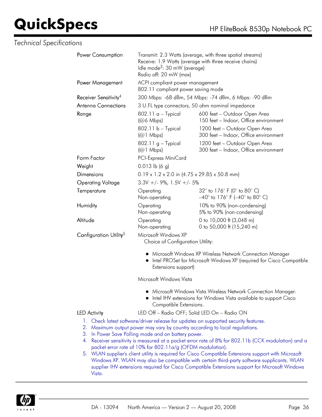 HP 8530p manual Receiver Sensitivity, Antenna Connections, Range, Operating Voltage, Humidity, Configuration Utility 