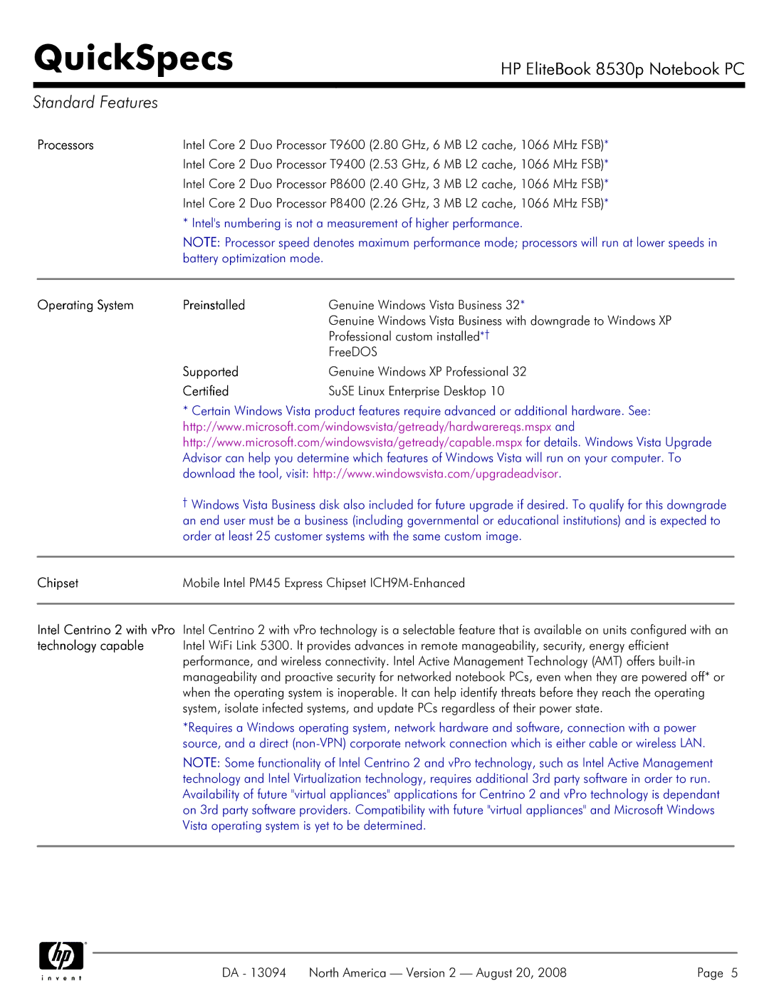 HP 8530p manual Standard Features 