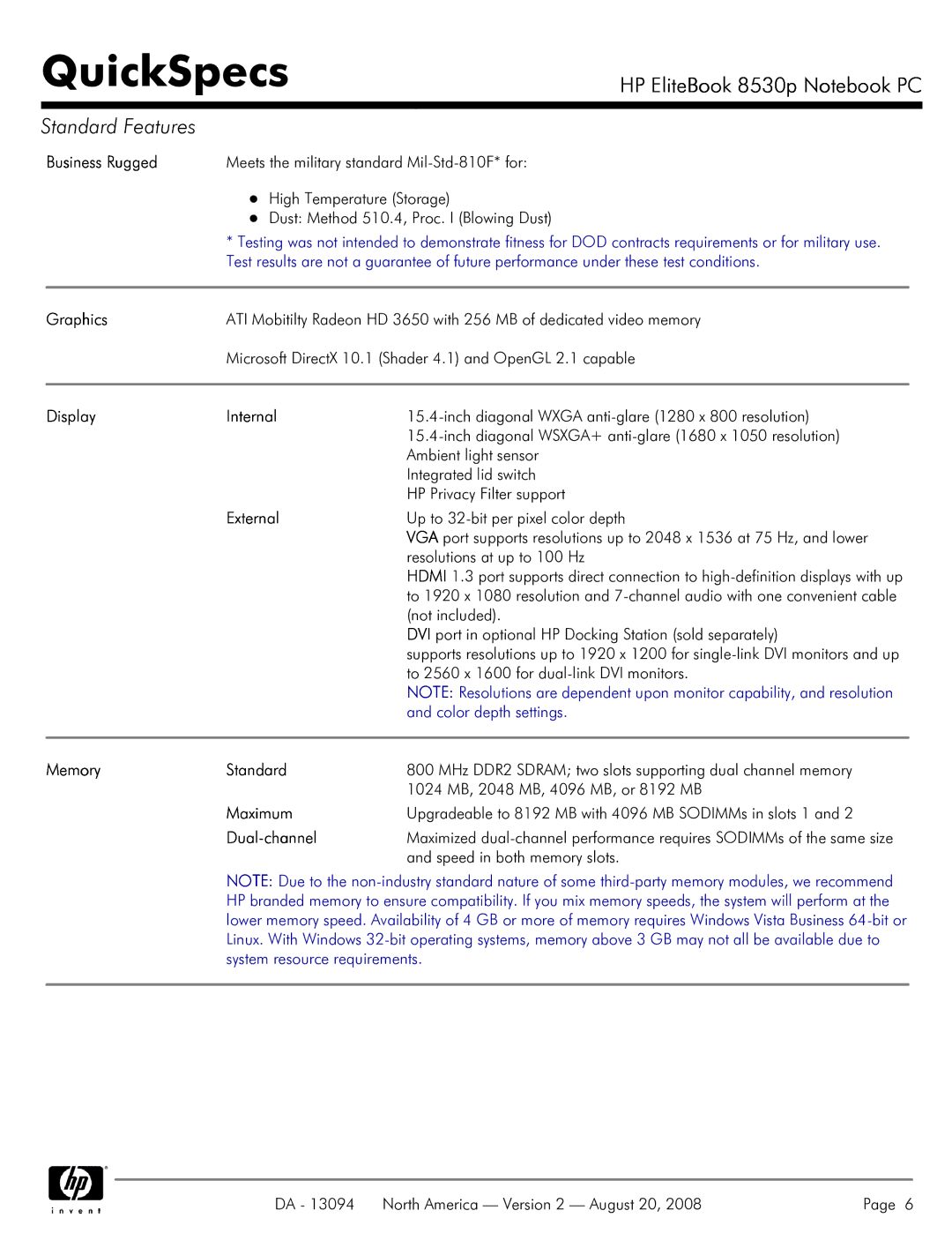 HP 8530p manual Business Rugged, Graphics, Display Internal, External, Memory Standard, Maximum, Dual-channel 