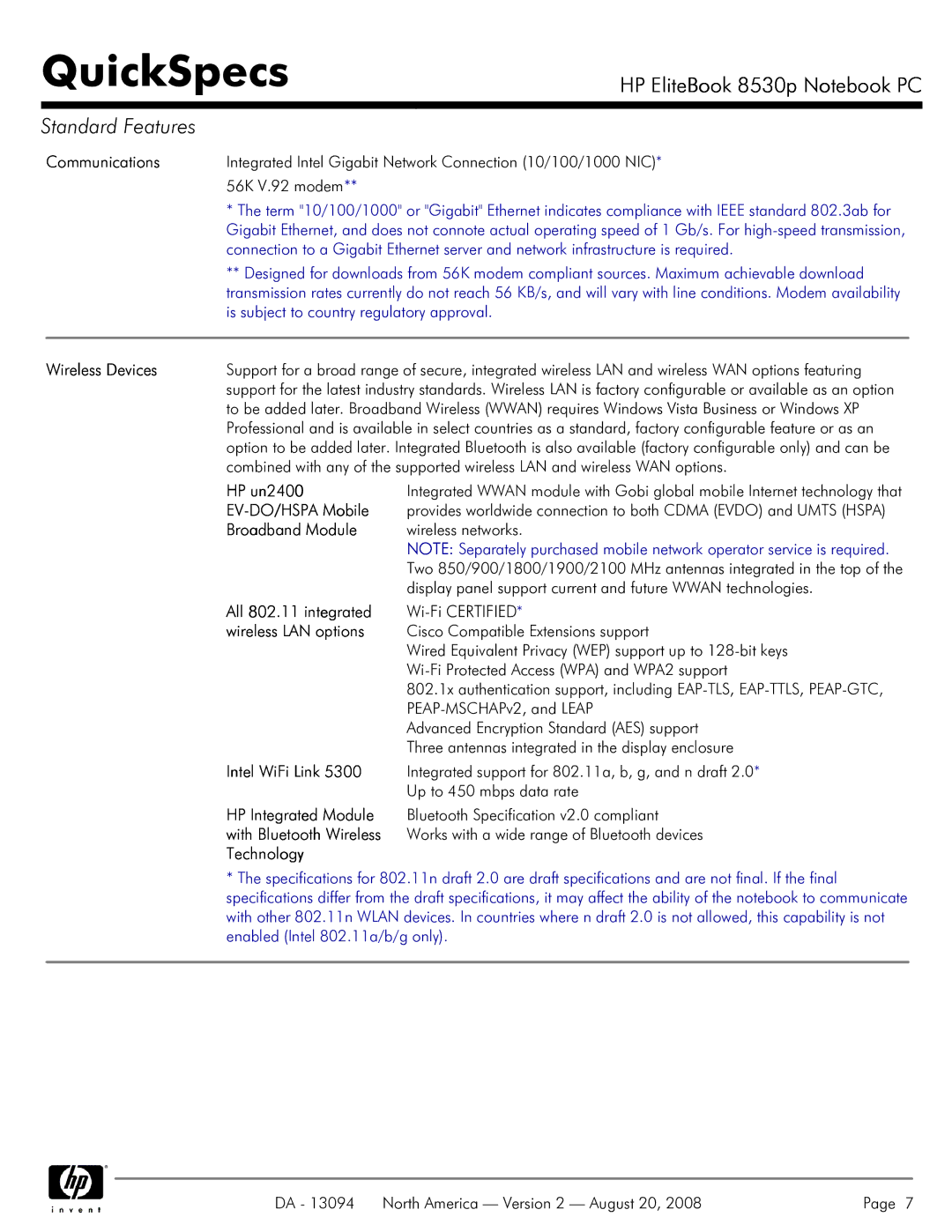 HP 8530p manual Communications, Wireless Devices, HP un2400, EV-DO/HSPA Mobile, Broadband Module, All 802.11 integrated 