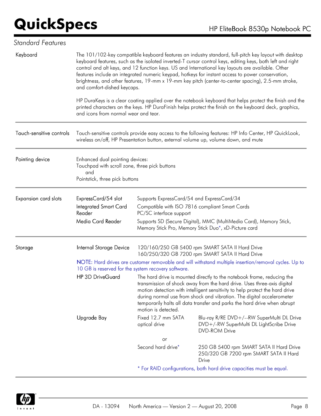 HP 8530p manual Keyboard, Pointing device, Expansion card slots ExpressCard/54 slot, Integrated Smart Card, Reader, Storage 