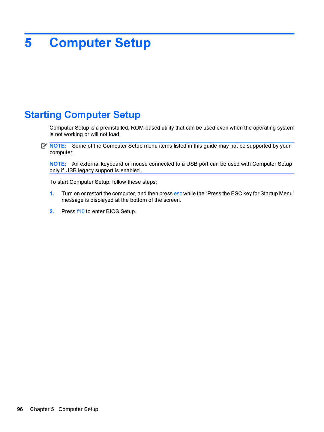 HP 8530W manual Starting Computer Setup 