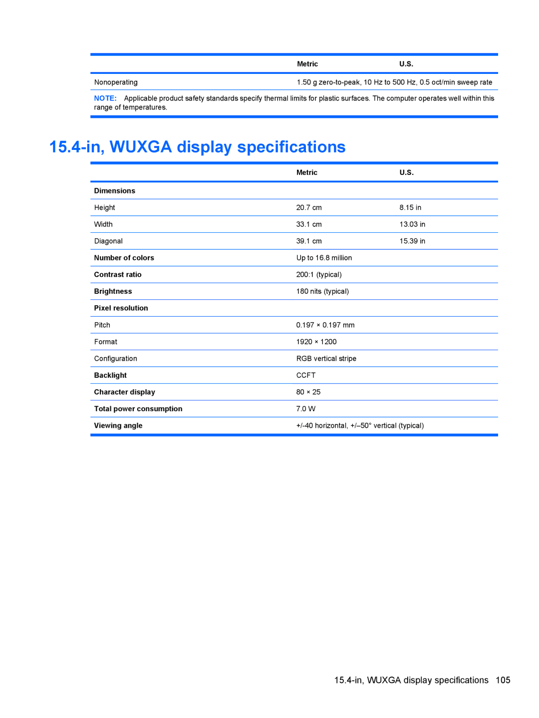 HP 8530W manual 15.4-in, Wuxga display specifications 