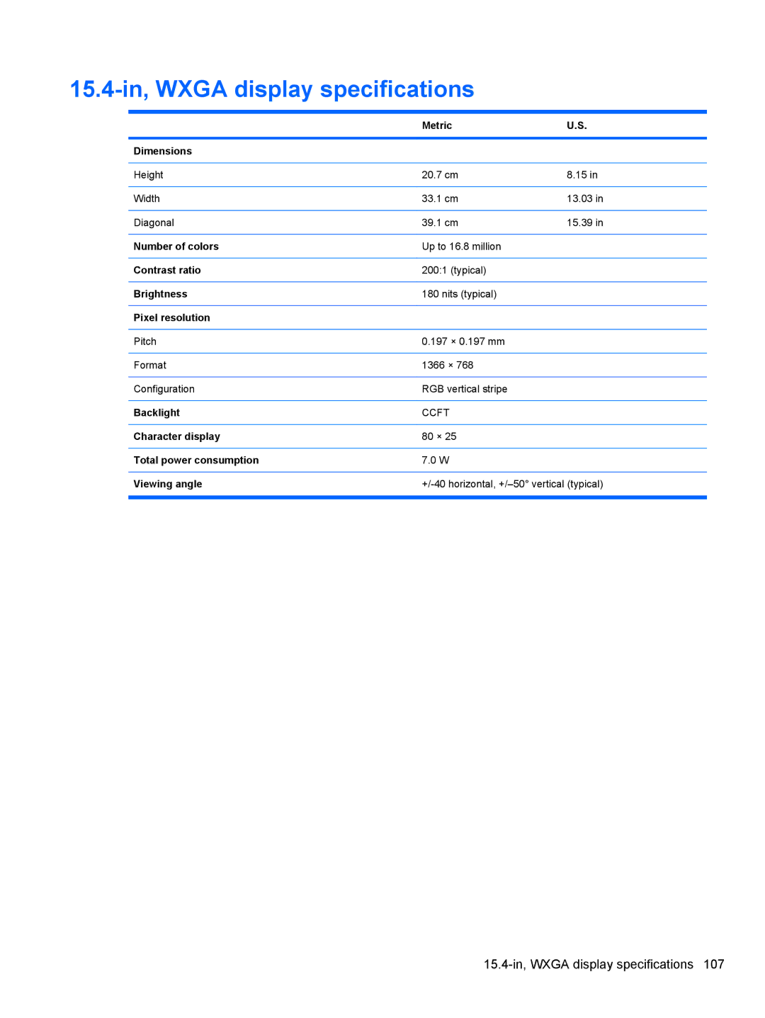 HP 8530W manual 15.4-in, Wxga display specifications 