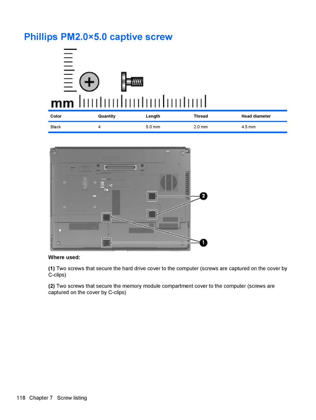 HP 8530W manual Phillips PM2.0×5.0 captive screw, Color Quantity Length Thread Head diameter Black 