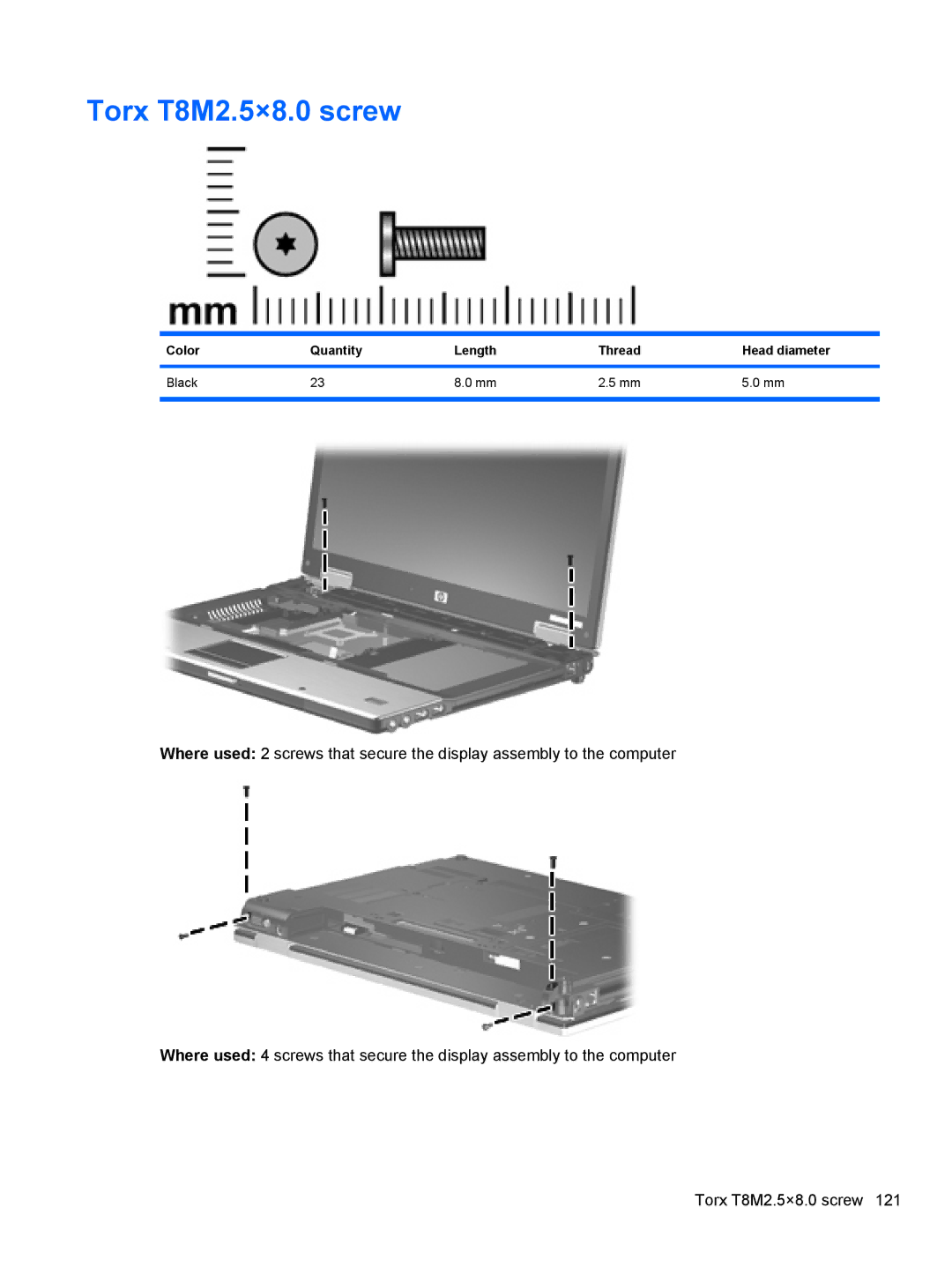 HP 8530W manual Torx T8M2.5×8.0 screw, Color Quantity Length Thread Head diameter Black 