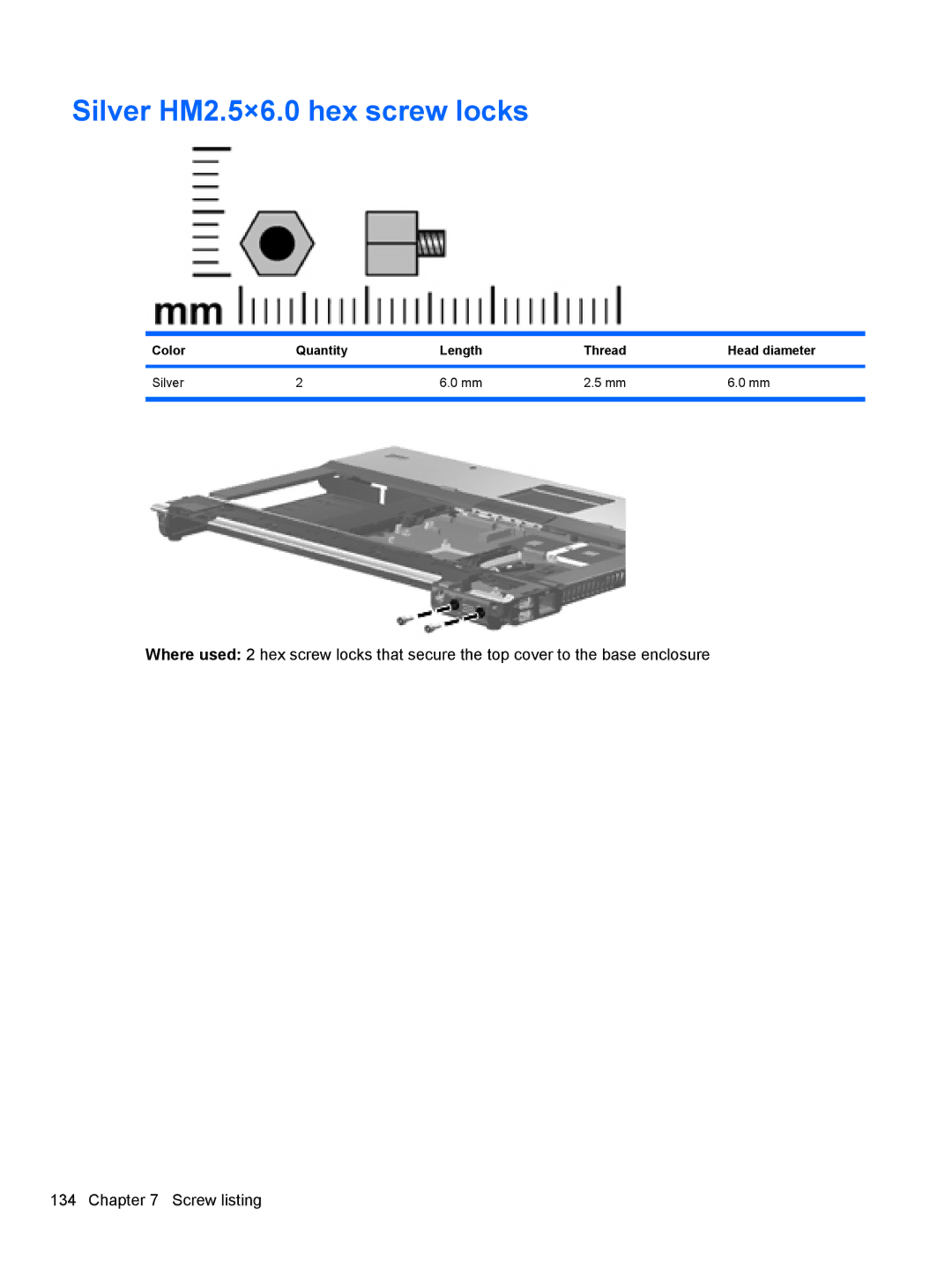 HP 8530W manual Silver HM2.5×6.0 hex screw locks, Color Quantity Length Thread Head diameter Silver 