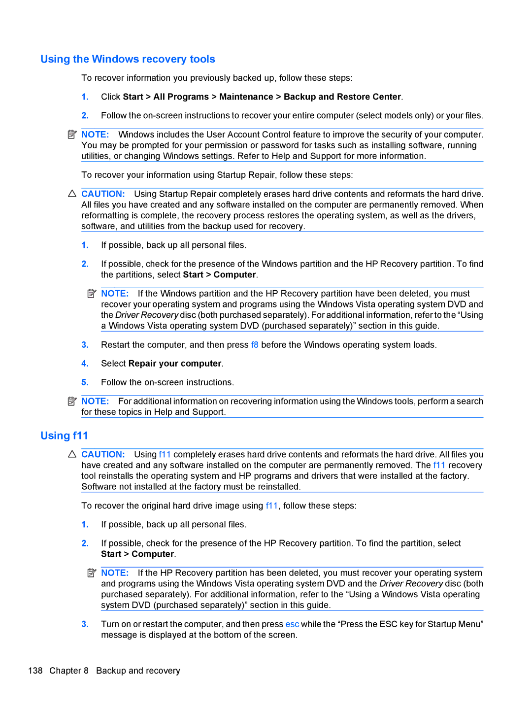 HP 8530W manual Using the Windows recovery tools 