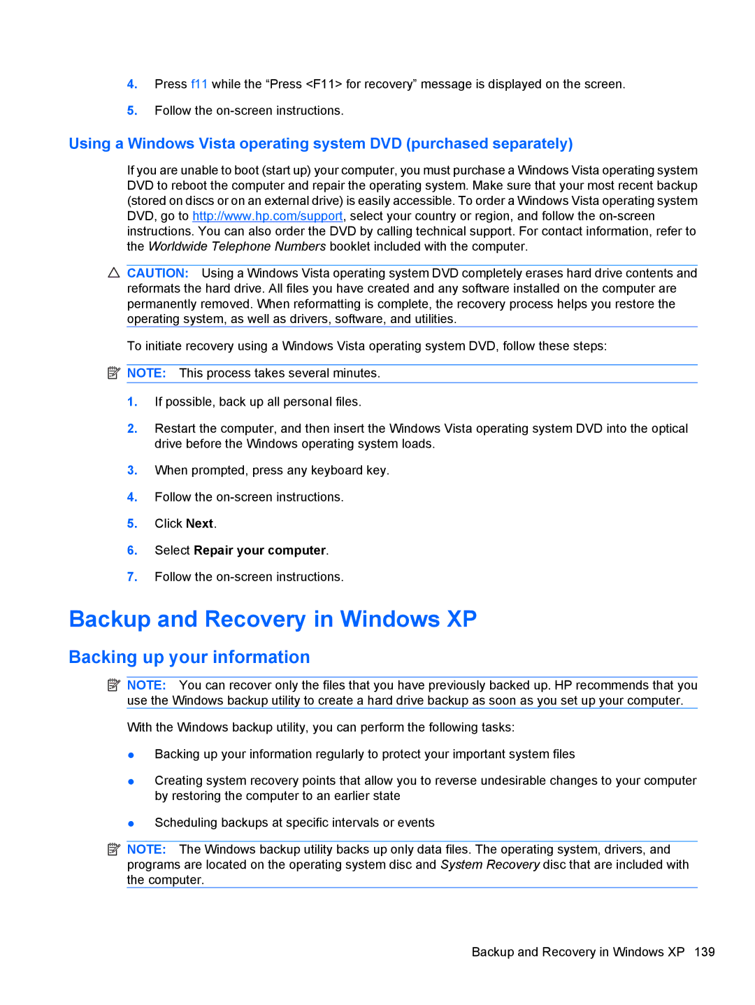 HP 8530W manual Backup and Recovery in Windows XP, Backing up your information 